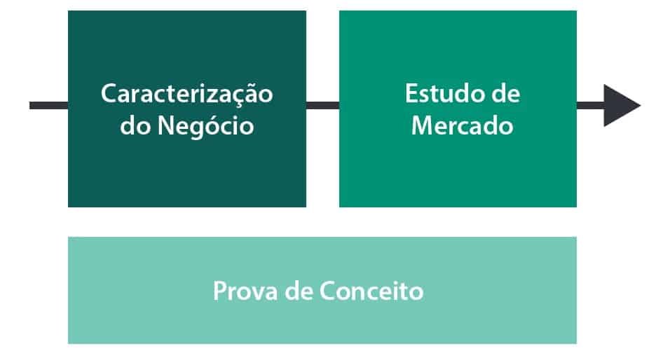 Representação das fases da metodologia da Pré Diligência da Inovação, utilizada para a avaliação do potencial tecnológico e de mercado de projetos inovadores.